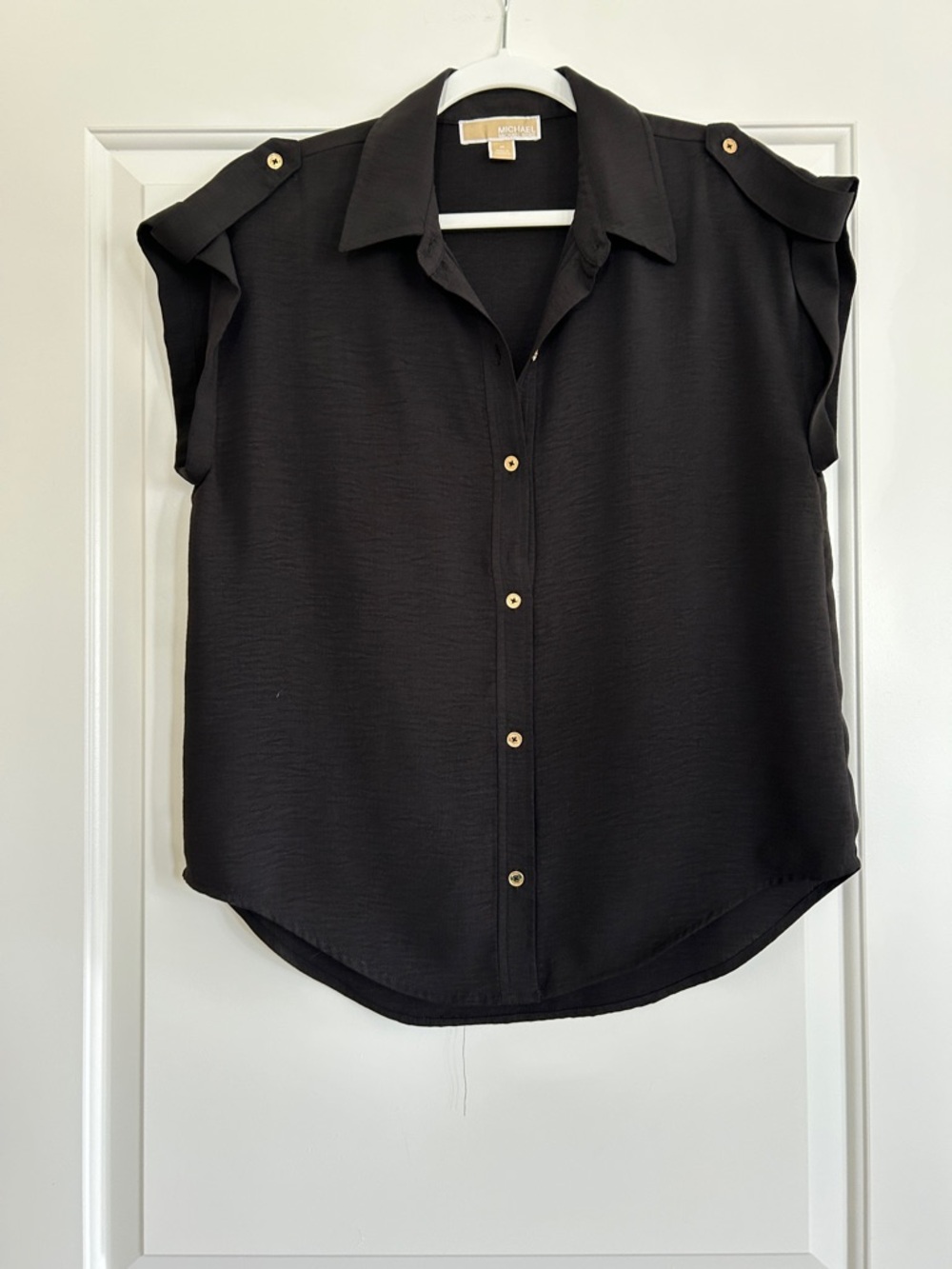 Michael Kors Black Sleeveless Button-Down Top with Gold Buttons